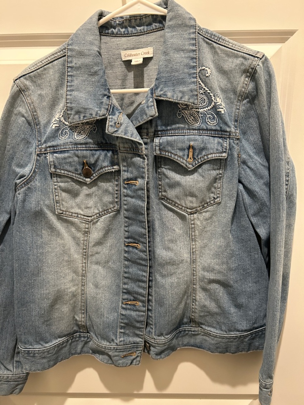 Coldwater Creek Light Blue Denim Jacket with White Embroidery